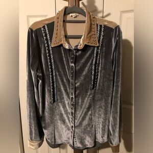 POL Velvet Button Down Shirt with Studded Tan Collar